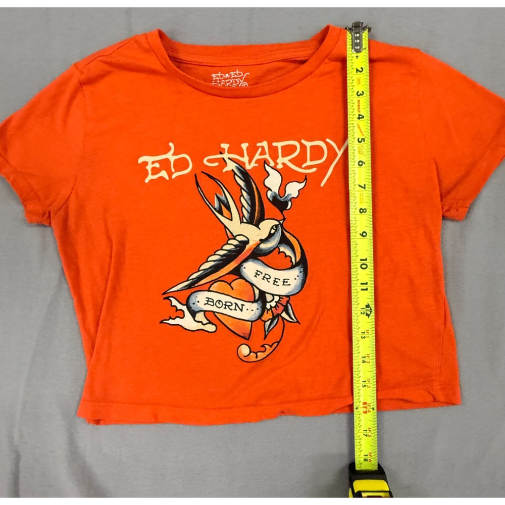 Ed Hardy Top Womens XL Orange Short Sleeve Born Free Tattoo Graphic Cropped Tee - Picture 3 of 7